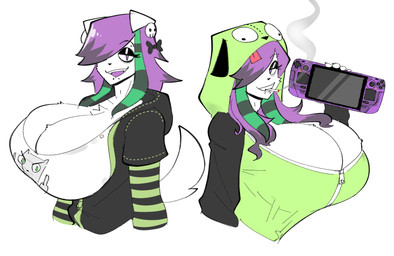 alternative_fashion anthro big_breasts black_eyeshadow breasts chest_tuft cigarette cigarette_in_mouth cigarette_smoke cleavage clothed clothed_anthro clothed_female clothing eyebrow_through_hair eyebrows eyeshadow female fur gesture hair half-closed_eyes hand_gesture handheld_console holding_handheld_game_console hoodie huge_breasts looking_at_viewer makeup middle_finger multiple_poses narrowed_eyes object_in_mouth open_mouth open_smile pose purple_hair scene_(fashion) simple_background skull_accessory smile smoke smoking smoking_cigarette solo tail topwear translucent translucent_hair tuft white_background white_body white_fur theycallhimcake invader_zim nickelodeon steam_deck valve_corporation valve_hardware foamy_the_squirrel gir_(invader_zim) kyler_(theycallhimcake) canid canine canis domestic_dog mallkin mammal 2025 digital_drawing_(artwork) digital_media_(artwork) english_description half-length_portrait hi_res portrait busty_boy_(lore) male_(lore)