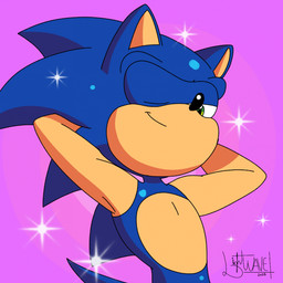 anthro black_nose blue_body blue_fur closed_smile countershade_fur countershading fur green_eyes hands_behind_head looking_at_viewer looking_down looking_down_at_viewer low-angle_view male mouth_closed multicolored_body multicolored_fur narrowed_eyes one_eye_closed pink_background pose quills_(anatomy) simple_background smile smiling_at_viewer solo sparkles star tail tan_body tan_countershading tan_fur toony two_tone_body two_tone_fur wink winking_at_viewer lightwavedrake_(artist) sega sonic_the_hedgehog_(series) sonic_the_hedgehog eulipotyphlan hedgehog mammal 1:1 2025 cel_shading dated digital_drawing_(artwork) digital_media_(artwork) half-length_portrait hi_res portrait shaded signature