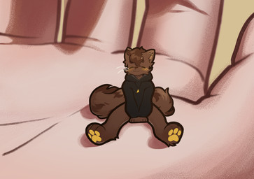 ambiguous_gender anthro anthro_focus bottomless brown_body brown_fur brown_hair clothed clothing duo extreme_size_difference fluffy fluffy_tail fur hair happy hoodie hoodie_only markings pawpads piercing size_difference smile solo_focus tail topwear topwear_only yellow_eyes shinystarshard felid feline mammal