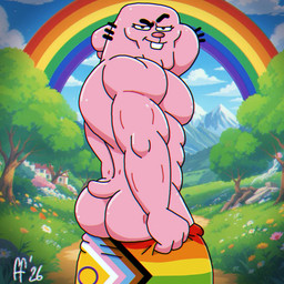 abs anthro buckteeth butt closed_smile cloud day eyebrows fur glistening glistening_body lgbt_pride looking_at_viewer male mouth_closed muscular muscular_anthro muscular_male pecs pink_body pink_fur pink_nose plant pride_colors rainbow sky smile solo tail teeth tree whiskers fabfelipe cartoon_network the_amazing_world_of_gumball richard_watterson lagomorph leporid mammal rabbit 1:1 2026 digital_drawing_(artwork) digital_media_(artwork) hi_res