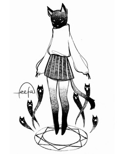 ambiguous_gender anthro bottomwear clothed clothing female fur group simple_background skirt summoning_circle sweater tail topwear feefal feline_witch_(feefal) colorpoint demon domestic_cat felid feline felis ghost mammal spirit hi_res monochrome traditional_media_(artwork)