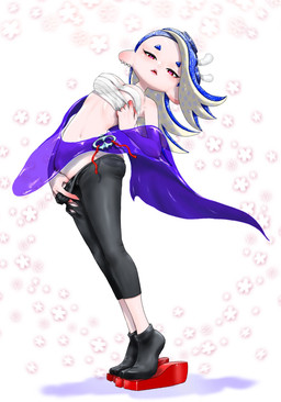bottomwear bottomwear_pull breasts chest_wraps clothing clothing_pull female leggings legwear looking_at_viewer not_furry pants pants_pull pseudo_hair simple_background solo tentacle_hair tentacles torn_clothing undressing wraps koharuno2 nintendo splatoon shiver_(splatoon) aquatic cephalopod humanoid mollusk octarian octoling hi_res