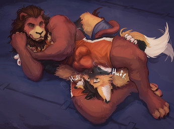 anthro ball_sniffing balls balls_outline barazoku between_thighs bodysuit bulge clothing detailed_bulge dominant dominant_anthro dominant_male duo genital_outline genitals male male/male muscular muscular_anthro muscular_male muscular_thighs musk musk_clouds penis_outline skinsuit sniffing submissive submissive_anthro submissive_male tail tight_clothing wrestling wrestling_singlet dandude canid canine felid lion mammal maned_wolf pantherine hi_res