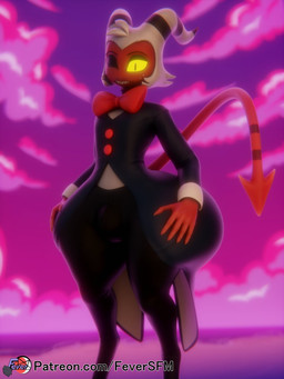 2_horns 5_fingers big_bulge black_clothing bulge clothing eyebrows fingers hair horn looking_at_viewer male not_furry one_eye_closed red_body red_skin solo tail teeth text white_hair wide_hipped_male wide_hips feversfm valorlynz_(modeler) hellaverse helluva_boss moxxie_(helluva_boss) demon imp 2024 3:4 3d_(artwork) digital_media_(artwork) hi_res url