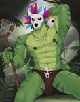 abs anthro bottomwear clothed clothing forest front_view green_nipples hand_behind_head jungle loincloth loincloth_only male mask muscular muscular_anthro muscular_male nipples pecs plant sitting skull_mask solo staff topless tree tribal mr_sharky terraria witch_doctor_(terraria) lihzahrd lizard reptile scalie absurd_res hi_res