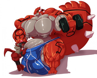 anthro backpack balls barely_contained barely_contained_penis big_balls big_bulge big_muscles big_pecs big_penis blush bulge clothing duo eyes_closed genitals grey_nipples grey_penis grin headpat huge_balls huge_bulge huge_muscles huge_pecs huge_penis hyper hyper_balls hyper_bulge hyper_genitalia hyper_muscles hyper_pecs hyper_penis lifting male muscular muscular_male nipples non-mammal_balls non-mammal_nipples pecs penis simple_background size_difference smile underwear white_background bobert nintendo pokemon alorias_(kasaiokami) fan_character generation_3_pokemon groudon hybrid legendary_pokemon pokemon_(species) 2019