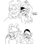 anthro beard blush clothed clothing duo facial_hair fangs female gills hair horn laugh long_hair male mature_anthro mature_male police police_uniform simple_background smile teeth tomboy uniform whispering white_background haaru undertale undertale_(series) asgore_dreemurr undyne bovid caprine fish goat mammal marine black_and_white monochrome multiple_images