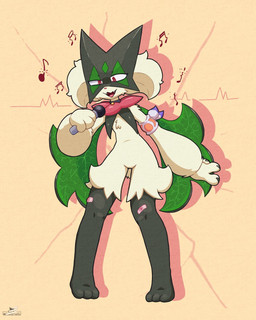 ambiguous_gender anthro bad_singing band-aid bandage choice_band claws collar electronics fangs featureless_crotch flat_chested fur green_body green_fur green_hair hair holding_microphone holding_object microphone musical_note musical_symbol open_mouth paws pink_eyes simple_background singing solo symbol teeth tongue razgrizdl nintendo pokemon rose_(razgrizdl) felid feline generation_9_pokemon mammal meowscarada pokemon_(species) 2026 4:5 hi_res signature female_(lore)
