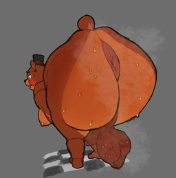 anthro anus backsack balls black_clothing black_hat black_headwear black_nose blue_eyes bodily_fluids brown_body brown_eyebrows brown_fur butt checkered checkered_floor clothing eyebrows fur genitals grey_background hat hat_only headgear headgear_only headwear headwear_only humanoid_genitalia humanoid_penis male moon mostly_nude musk nipples open_mouth penis perineum rear_view red_cheeks scrotum_flap simple_background small_tail solo sweat sweaty_butt tail commonlightbulb five_nights_at_freddy's five_nights_at_freddy's_2 scottgames toy_freddy_(fnaf) bear mammal 2026 absurd_res digital_drawing_(artwork) digital_media_(artwork) english_description hi_res