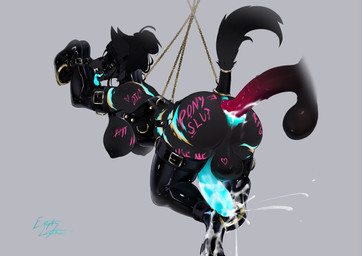 anal animal_genitalia anthro anus areola balls bdsm belt big_breasts big_butt big_penis black_areola black_balls black_body black_breasts black_fur black_nipples blinders blue_anus blue_penis bodily_fluids body_writing bound breasts bridle butt chain chained clothing collar cuffs_(clothing) cum cum_inside cum_on_feet ejaculation equine_genitalia eyewear feet fur gag genital_fluids genitals gynomorph hair_up harness hooves intersex latex legwear messy metal nipples penis petplay ponyplay roleplay solo suspension thigh_highs tongue tongue_out emptylighter arctic_wolf canid canine canis mammal wolf hi_res trans_(lore) trans_woman_(lore)