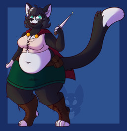 4_toes absolute_territory anthro belly belly_overhang belt belt_pouch big_belly biped black_body black_fur black_hair black_nose black_tuft blue_background blue_border boots border bottomwear breasts brown_belt brown_boots brown_clothing brown_footwear cape clothing countershade_face countershade_fur countershade_torso countershading cowlick dagger deep_navel digitigrade dipstick_tail eyewear feet female female_anthro footwear fur glasses glint gloves_(marking) green_bottomwear green_clothing green_eyes green_skirt hair highlights_(coloring) holding_dagger holding_melee_weapon holding_object holding_weapon knee_tuft leg_markings leg_tuft markings medium_breasts medium_hair melee_weapon midriff navel overweight overweight_anthro overweight_female pupils red_cape red_clothing shoes simple_background skirt slit_pupils socks_(marking) solo standing tail tail_markings thick_thighs toeless_footwear toes topwear tuft weapon white_body white_clothing white_countershading white_highlights white_topwear wide_hips strawberrymilkdog domestic_cat felid feline felis mammal 2022 character_request colored hi_res shaded