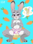 anthro bodily_fluids breasts bunnyhopps_(diaper) carrot claws clothed clothing covering covering_breasts crouching diaper diaper_fetish diaper_only digitigrade female food genital_fluids hand_on_breast long_ears looking_at_viewer paws plant question_mark simple_background smile solo teeth topless topless_female unclean_diaper urine used_diaper vegetable wearing_diaper wet_diaper wetting stargal_galexi abuniverse bunnyhopps disney zootopia judy_hopps lagomorph leporid mammal rabbit hi_res pictographics