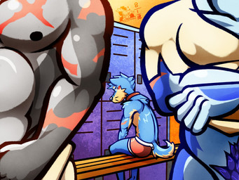 anthro bench blush clothed clothing collar group locker locker_room male muscular muscular_male on_bench scar tail topless undressing ventkazemaru mythology drell_atano max_cando aquatic canid canine canis domestic_dog dragon fish mammal mythological_creature mythological_scalie scalie shark shiba_inu spitz 4:3