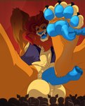 4_toes anthro between_toes black_sclera blue_pawpads blue_penis bow_tie claws clothing crotch_fur fangs feet felid foreskin genitals hi_res indigo_park lion lloydford_l._lion male mammal mane pantherine pawpads paws penis raised_arm raised_paw solo teeth toe_claws toes topwear vein veiny_penis vest weskers wrinkled_feet wrinkles
