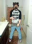 anthro bathroom eyewear goggles hand_sign male sagging_pants solo sosa swag text esahma chief_keef gucci canid canine mammal english_text hi_res