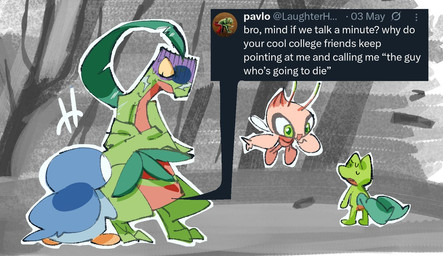 ambiguous_gender anthro bodily_fluids facial_scar female gesture green_eyes group hand_gesture male open_mouth pointing scar screencap speech_bubble standing sweat sweatdrop text wide_eyed yellow_eyes scribzag nintendo pokemon pokemon_mystery_dungeon spike_chunsoft twitter grovyle_the_thief shiny_celebi_(eotds) celebi generation_2_pokemon generation_3_pokemon generation_4_pokemon grovyle legendary_pokemon piplup pokemon_(species) 2026 digital_media_(artwork) english_text