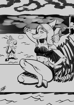 5_toes anthro bald ball beach big_tail bracelet clothing elbow_feathers feathered_wings feathers feet female frill_(anatomy) gesture group hair hand_behind_head hand_gesture hand_on_hip hand_on_own_hip imminent_pain jewelry laugh long_tail male open_mouth open_smile outside pointing sharp_teeth short_hair short_tail smile snout swimming_trunks swimwear tail teeth toes trio wings theoligarche cavemanon_studios goodbye_volcano_high i_wani_hug_that_gator ko_op_(game_developer) snoot_game anon_(snoot_game) damien_payne fang_(gvh) dilophosaurid dilophosaurus dinosaur human mammal prehistoric_species pterosaur reptile saurischian scalie theropod 2024 absurd_res black_and_white dated hi_res monochrome signature sketch