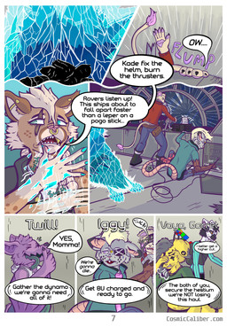 anthro dialogue female group male onomatopoeia sound_effects space spaceship_interior text badaspen cosmic_caliber garret_(badaspen) iggy_(badaspen) josey_mendoza kade_(badaspen) twill_(badaspen) vaya_(badaspen) bat bird_dog canid canine canis cheetah domestic_dog felid feline golden_retriever hunting_dog lemur lion mammal mouse murid murine pantherine primate retriever ring-tailed_lemur rodent strepsirrhine absurd_res colored comic english_text hi_res