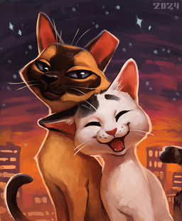 black_markings black_nose brown_markings city city_background cloud duo eyes_closed feral four_pointed_star fur grey_eyes long_tail markings open_mouth open_smile pink_nose quadruped short_fur size_difference smile star sunset tail tan_body tan_fur whisker_spots whiskers white_body white_fur alexpahomov siamese_cat 2024 digital_media_(artwork) digital_painting_(artwork) painting_(artwork)