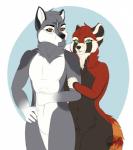 anthro breasts duo featureless_crotch female looking_at_viewer male navel nude open_mouth simple_background smile standing teeth tongue magic_(artist) ailurid canid canine mammal red_panda hi_res