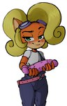 anthro blonde_hair blush bodily_fluids clothing dildo eyelashes female fur green_eyes hair long_hair overalls ponytail sex_toy solo sweat tenshigarden third-party_edit activision crash_bandicoot_(series) coco_bandicoot bandicoot mammal marsupial 2022 color_edit colored hi_res