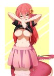 accessory apode bangs big_breasts blush bottomwear breasts clothed clothing clothing_lift embarrassed featureless_breasts female hair hair_accessory humanoid_pointy_ears legless long_hair looking_at_viewer monster_girl_(genre) navel open_mouth pink_bottomwear pink_clothing pink_skirt pointy_ears red_body red_hair red_scales red_tail scales serpentine shirt shirt_lift short_sleeves simple_background skirt solo split_form tail topwear undressing yellow_background oppaihobby monster_musume miia_(monster_musume) draconcopode humanoid lamia reptile scalie snake absurd_res hi_res