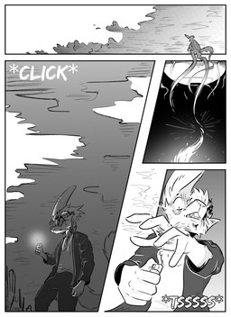 anthro blood bodily_fluids burning clothed clothing duo dust_cloud fire inner_ear_fluff male simple_background text tuft kifyun2 kif_yppreah vesuvius_(undying_void) canid canine eldritch_abomination fox mammal absurd_res comic hi_res monochrome