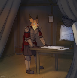 anthro armor blue_eyes caesars_legion clothing facial_scar fur gladius gloves handwear male map melee_weapon scar solo standing tan_body tan_fur weapon lady-darkstreak fallout microsoft legate_lapinus_(character) lagomorph leporid mammal rabbit absurd_res hi_res
