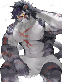 5_fingers anthro biped claws facial_scar fingers fur humanoid_hands male muscular muscular_anthro muscular_male scar striped_body striped_fur stripes towel towel_only oftonton sdorica yao_(sdorica) felid mammal pantherine tiger 2026 colored hi_res