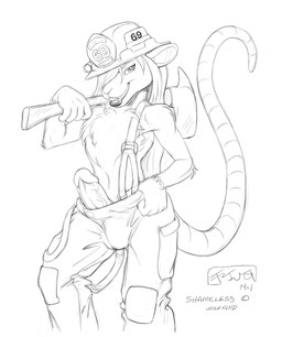 anthro armor axe bulge clothing erection fire_axe firefighter firefighter_helmet genitals hair hair_over_eye headgear helmet long_hair long_tail looking_at_viewer male penis smile solo standing suspenders tail kencougr shannon_"shameless"_rourke mammal murid murine rat rodent monochrome