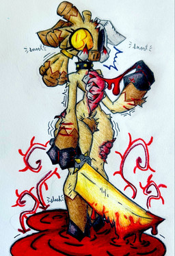 anthro blood blood_drip blood_on_ground blood_on_object blood_on_weapon bodily_fluids bone brown_body brown_fur collar dripping exposed_bone exposed_flesh exposed_organs female fingers fur gold_(metal) golden_sword gore guts hair holding_object holding_weapon hooved_fingers hooves intestines looking_at_viewer melee_weapon multicolored_body multicolored_fur nude organs scar sex simple_background skull solo spiked_collar spikes standing standing_sex sword tan_body tan_fur tusks two_tone_body two_tone_fur weapon white_background yellow_eyes yellow_sclera stikkerz microsoft minecraft mojang xbox_game_studios domestic_pig mammal piglin suid suine sus_(pig) undead zombie zombified_piglin 2026 hi_res traditional_media_(artwork)