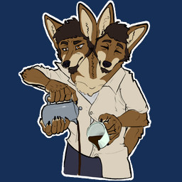 2_heads 4_arms 6_fingers anthro beverage bottomwear brown_body brown_fur clothed clothed_anthro clothed_male clothing coffee coffee_mug container cup extra_fingers eyes_closed facial_tuft fingers fully_clothed fur holding_container holding_cup holding_mug holding_object male male_anthro morning mug multi_arm multi_head multi_limb multicolored_body multicolored_fur multifur orange_eyes outline pants polydactyly pouring pouring_liquid shirt simple_background solo spill spilling spilling_drink standing tan_body tan_fur tired topwear transparent_background tuft white_outline coyote-only dom_(coyote-only) canid canine canis coyote mammal 1:1 2023 alpha_channel digital_media_(artwork)