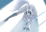 4_fingers anthro biped butt female fingers holding_melee_weapon holding_object holding_weapon machine melee_weapon simple_background solo weapon white_body treyer jade_(treyer) canid canine fox mammal robot robot_anthro absurd_res hi_res