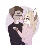 anthro clothed clothing duo eyewear female glasses heart_symbol hug licking male male/female simple_background smile standing tongue tongue_out franciscassidy canid canine felid mammal 1:1 digital_media_(artwork)