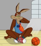 anthro ball balls basketball basketball_(ball) basketball_uniform bottomless clothed clothing footwear genitals male nude partially_clothed penis pubes shirt shoes sitting sneakers solo sportswear spread_legs spreading tank_top topwear tune_squad_outfit tune_squad_outfit_(2021) uniform yellow_eyes rasik looney_tunes space_jam space_jam:_a_new_legacy warner_brothers wile_e._coyote canid canine canis coyote mammal absurd_res hi_res