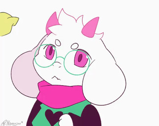 2_horns annoyed blinking circle_eyebrows clothing duo eyebrows eyewear floppy_ears fur fur_tuft glasses green_clothing green_robe head_tuft headpat horn looking_at_another lop_ears male male_focus monotone_body monotone_fur mostly_offscreen_character mostly_offscreen_male pink_eyes purple_horn robe scarf simple_background solo_focus text three-quarter_view tuft wavy_mouth white_background white_body white_fur noarustar deltarune undertale_(series) flowery_(deltarune) ralsei 2026 2d_animation animated artist_name flat_colors frame_by_frame