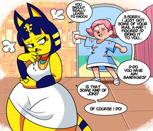 anthro bangs blood blue_ears blue_hair blunt_bangs bob_cut bodily_fluids bottom_heavy claws clothing curvy_figure detailed_background dialogue dress duo egyptian envelope eyelashes female fingers fur hair huge_hips huge_thighs inside light-skinned_female light_body light_skin markings one_eye_closed open_mouth pink_hair pupils scratches short_hair simple_eyes small_waist smile speech_bubble standing striped_markings striped_tail stripes tail tail_markings text thick_thighs tongue torn_clothing torn_dress twintails_(hairstyle) uraeus wide_hips yellow_body yellow_fur yellow_inner_ear superspoe animal_crossing nintendo ankha_(animal_crossing) villager_(animal_crossing) domestic_cat felid feline felis human mammal 2021 absurd_res digital_drawing_(artwork) digital_media_(artwork) english_text hi_res hieroglyphic_text