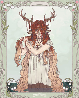 5_fingers accessory anthro antlers biped blonde_hair blood blood_on_face blood_on_hair bodily_fluids braided_hair brown_ears clothed clothed_female clothed_humanoid clothing collarbone cross cross_necklace deer_ears dress ear_piercing female female_humanoid fingers flower front_view gore hair hair_accessory hair_ribbon heart_necklace holding_hair horn jewelry light_body light_skin lily_of_the_valley long_hair necklace partially_submerged piercing pink_flower plant ribbons shedding_velvet solo standing standing_in_water tan_inner_ear text touching_hair velvet_antlers water white_clothing white_dress white_flower wringing wringing_hair zombunnys scp_foundation scp-166 deer faun humanoid mammal new_world_deer white-tailed_deer 2024 artist_name colored digital_drawing_(artwork) digital_media_(artwork) hi_res