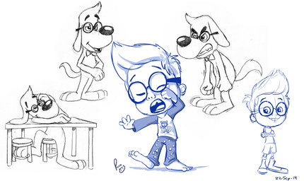 anthro bared_teeth bow_tie clothed clothing crossed_arms eyewear featureless_crotch front_view glasses grin hair logo male nude pajamas short_hair simple_background smile solo teeth young young_anthro young_human young_male pandapaco jay_ward_productions mr._peabody_and_sherman mr._peabody sherman_peabody canid canine canis domestic_dog human mammal 2014 absurd_res artist_logo dated hi_res monochrome signature sketch_page