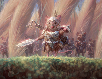 ambiguous_gender anthro armor brown_body brown_fur front_view fur group headgear helmet holding_object leaf_clothing looking_at_viewer musical_instrument standing tail whiskers ryan_pancoast hasbro magic:_the_gathering wizards_of_the_coast mammal mouse murid murine rodent hi_res official_art traditional_media_(artwork)