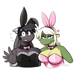 anthro big_breasts black_clothing black_hair blonde_hair blue_eyes blush bow_tie breasts bunny_costume claws cleavage clothed clothed_anthro clothed_female clothed_male clothing costume crossdressing crossdressing_male cuff_links duo eyeshadow fake_ears fake_rabbit_ears female finger_claws floppy_ears freckled_face freckles gesture green_body green_scales grey_body grey_scales hair halloween_costume heart_above_head heart_symbol holidays long_hair looking_at_viewer makeup male matching_outfits narrowed_eyes non-mammal_breasts open_mouth orange_eyes pink_bow_tie pink_clothing playboy_outfit purple_eyeshadow scales simple_background smile smiling_at_viewer text waving waving_at_viewer white_background yellow_body yellow_scales shyguy9 halloween mythology durg sophie_(shyguy9) dragon mythological_creature mythological_scalie scalie 1:1 artist_name hi_res