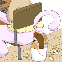 anthro anus bottomless brown_clothing bucket butt censor_bar censored_genitalia censored_vulva chair clothed clothing computer_keyboard computer_monitor container desk feces female fur furniture gaping gaping_anus genitals on_chair partially_clothed pink_body pink_fur pink_tail pooping raised_tail rear_view simple_background sitting sitting_on_chair smelly solo stink_fumes table tail toilet_paper trash vulva yellow_clothing toilet_paper_(pixiv) felid feline mammal 1:1 2026 censored digital_media_(artwork)