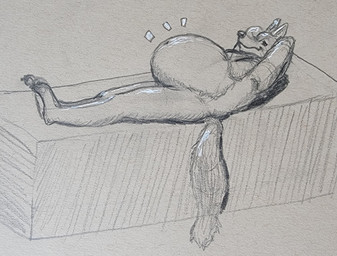 anthro belly big_belly bloated hands_behind_head lying male navel nude_anthro nude_male on_back solo vortis canid canine fox mammal 2026 english_description graphite_(artwork) hi_res traditional_media_(artwork)