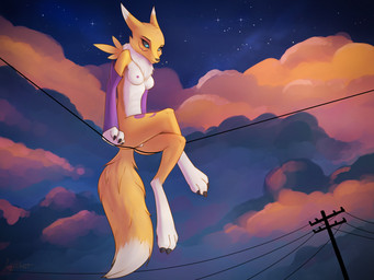 anthro biped black_sclera blue_eyes breasts butt casual_nudity clothing cloud crossed_legs feet female fur genitals looking_down nipples nude paws pose solo sunset toes vulva white_body white_fur yellow_body yellow_fur foxyghost bandai_namco digimon canid canine digimon_(species) mammal renamon 2019 4:3 absurd_res hi_res