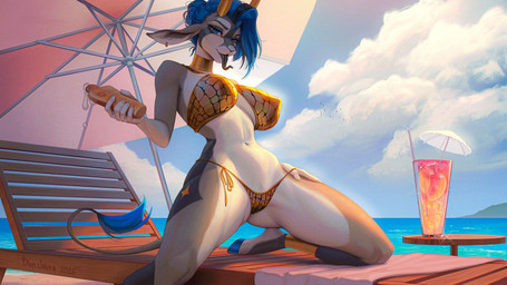 anthro beach_umbrella beverage big_breasts bikini biped black_tongue blue_eyes blue_hooves blue_tail bottle breasts brown_body brown_fur clothing cloud container ear_piercing ear_ring eyelashes female front_view fur glass gold_(metal) gold_jewelry gold_necklace holding_bottle holding_container holding_object hooves horn jewelry kneeling looking_at_viewer necklace parasol partially_clothed_anthro partially_clothed_female piercing ring_piercing sea sky solo sunscreen swimwear tail tail_tuft tongue tongue_out tuft two-piece_swimsuit water yellow_horn va_art zoraya_(hoofen) antelope bovid grazing_antelope mammal oryx 16:9 hi_res widescreen