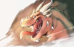 ambiguous_gender bodily_fluids brown_body brown_scales horn looking_forward open_mouth pupils saliva saliva_string scales simple_background slit_pupils solo spikes teeth textured_background tongue tongue_out memburu mythology dragon mythological_creature mythological_scalie scalie 2018 bust_portrait hi_res portrait