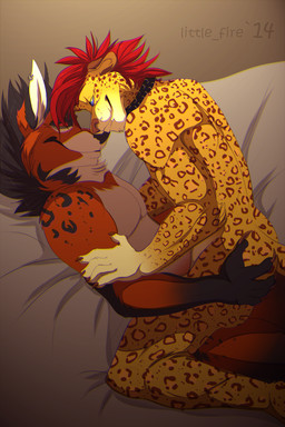 anthro bed black_body black_fur black_hair blue_eyes claws collar duo ear_piercing eye_contact fur furniture hair looking_at_another male male/male markings multicolored_body multicolored_fur muscular nude on_bed orange_body orange_fur pecs piercing pink_nose red_eyes red_hair smile spots spotted_body spotted_fur straddling white_body white_fur yellow_body yellow_fur l-i-t-t-l-e_f-i-r-e canid canine felid leopard mammal pantherine 2014 signature