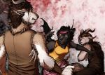 2016 abstract_background angry anthro bared_teeth bat black_body black_fur black_hair brown_body brown_fur brown_hair clothed clothing comoro_flying_fox conditional_dnp digital_media_(artwork) ear_piercing entalonus faraden feathers female flying_fox fur group hair horn legacy_(ratte) lowland_psycrhen male mammal megabat multicolored_hair open_mouth piercing pink_hair psycrhen pure_faraden ratte rezki ruun scared story story_in_description teeth two_tone_hair wings wounded