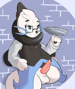 3_fingers animal_genitalia anthro ball_tuft balls black_body black_fur black_nose black_pawpads black_tie_(suit) blue_body blue_fur bodily_fluids bottomless bottomless_anthro bottomless_male brick brick_wall clothed clothing erection eyewear fingers fur fusion genital_fluids genitals glasses leaking_precum male narrowed_eyes pawpads penis pink_penis plate_spinning platter pokemon_fusion precum sheath simple_background solo suit tuft tuxedo_vest wall_(structure) whiskers white_balls white_body white_fur zriartz fakemon nintendo pokemon buizel generation_4_pokemon generation_5_pokemon hybrid oshawott pokemon_(species) 2024 hi_res signature