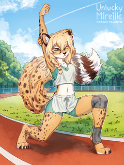 4_toes accessory anthro arm_markings arms_above_head back_markings bent_arm bent_legs big_tail biped black_claws black_nose blonde_eyebrows blonde_hair blue_sky bottomwear bra braided_hair breasts brown_body brown_ears brown_fur brown_markings brown_spots brown_stripes cheek_markings claws cleavage clothed clothed_anthro clothed_female clothing cloud collarbone countershade_breasts countershade_face countershade_feet countershade_fur countershade_hands countershade_neck countershade_torso countershading crop_top crouching day dipstick_tail drawstring drawstring_bottomwear drawstring_clothing extended_arm eye_markings eyebrow_through_hair eyebrows eyelashes facial_markings feet female female_anthro finger_claws fingers fluffy fluffy_tail foot_markings footwear fully_clothed fully_clothed_anthro fully_clothed_female fur fur_markings grass green_eyes green_pupils grey_bottomwear grey_clothing grey_crop_top grey_footwear grey_knee_pads grey_shirt grey_socks grey_tank_top grey_topwear hair hair_accessory hair_tie hand_above_head hand_markings head_markings highlights_(coloring) hotpants humanoid_hands inner_ear_fluff iris knee_pads leg_markings long_hair long_tail markings medium_breasts midriff mouth_closed multicolored_body multicolored_ears multicolored_fur navel one_eye_closed one_sock one_sock_on outside paws pink_inner_ear plant pose pupils raised_arms ring_(marking) ringed_tail shadow shirt shorts shoulder_markings side_braid single_braid single_sock sky slim slim_anthro slim_female socks solo sports_bra spots spotted_body spotted_fur spotted_markings spotted_tail stirrup_footwear stirrup_socks straight_arm stretching striped_markings striped_tail stripes tail tail_markings tank_top teal_bottomwear teal_bra teal_clothing teal_shorts teal_sports_bra teal_underwear text thigh_markings three-quarter_view toe_claws toes topwear translucent translucent_bottomwear translucent_clothing translucent_crop_top translucent_hair translucent_shirt translucent_tank_top translucent_topwear tree tuft two_tone_ears underwear white_body white_breasts white_countershading white_fur white_highlights white_inner_ear_fluff white_markings white_sclera white_stripes white_tail_tip white_text white_tuft yellow_body yellow_ears yellow_fur yellow_tail unluckymireille sena_ryan cheetah felid feline mammal 3:4 artist_name digital_drawing_(artwork) digital_media_(artwork) english_description english_text full-length_portrait hi_res portrait shaded story story_in_description
